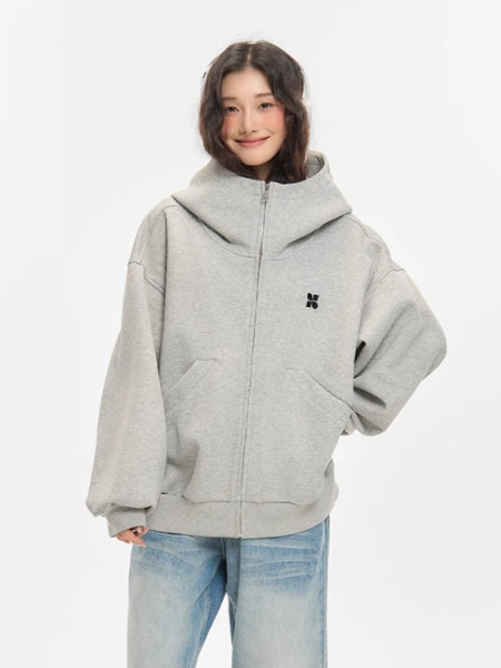 美式复古拉链开衫连帽卫衣女春秋宽松设计简约学院风休闲百搭外套|undefined