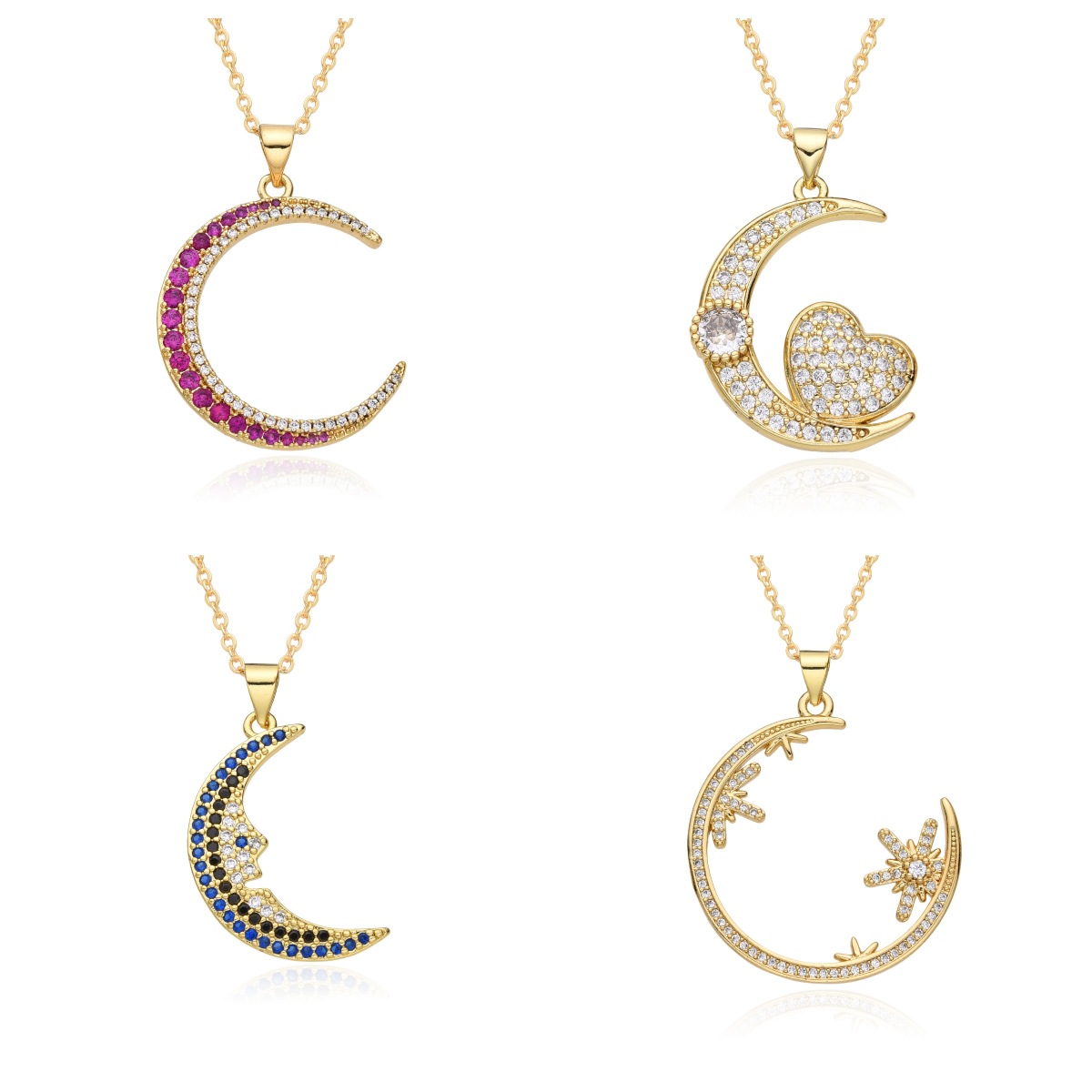 欧美轻奢铜镀18K金彩色锆石月亮爱心吊坠项链女小众网红百搭项饰