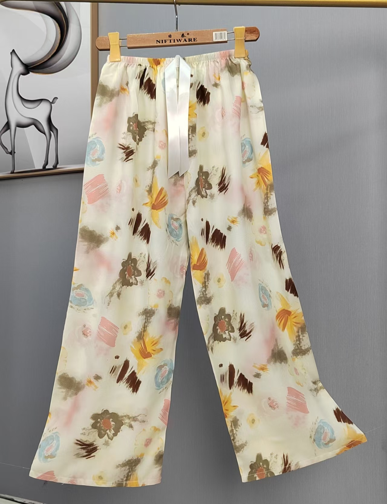 Pijama de seda de algodón para mujer, pantalones anchos de mujer embarazada de seda de algodón con estampado fino de verano