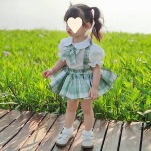 Girls Jk Uniform Suit Summer 2025 New Summer Baby Girl Preppy Style Two-Piece Set One-Year-Old Half-Length Plaid Skirt