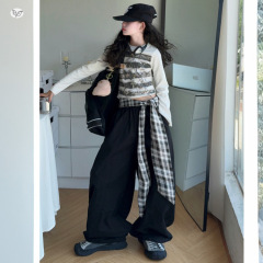 女童格子绑带工装裤套装2025春秋新款长袖t恤宽松阔腿裤两件套潮