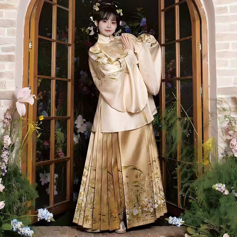 Spring New Original Hanfu for Women, Ming-Style Stand-Collar Front-Opening Jacket with Han Elements, Printed Mamian Skirt Set, Daily Hanfu