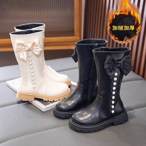 Girls cotton boots children's fashion princess bow pearl  autumn and winter new style children's plus velvet warm high tube