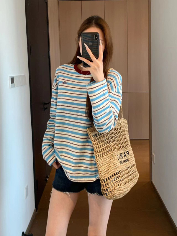 美式复古双纱针织刺绣宽松版撞色罗纹圆领落肩袖条纹T恤女秋季新|undefined