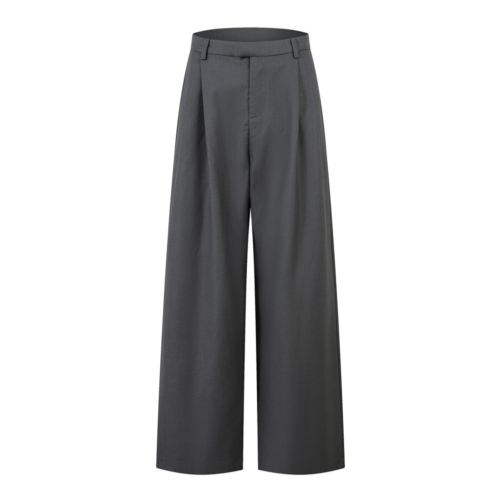 Costume décontracté et tendance pour homme, coupe ample, couleur unie, pantalon droit à jambes larges et drapé, design plissé._voghion.com