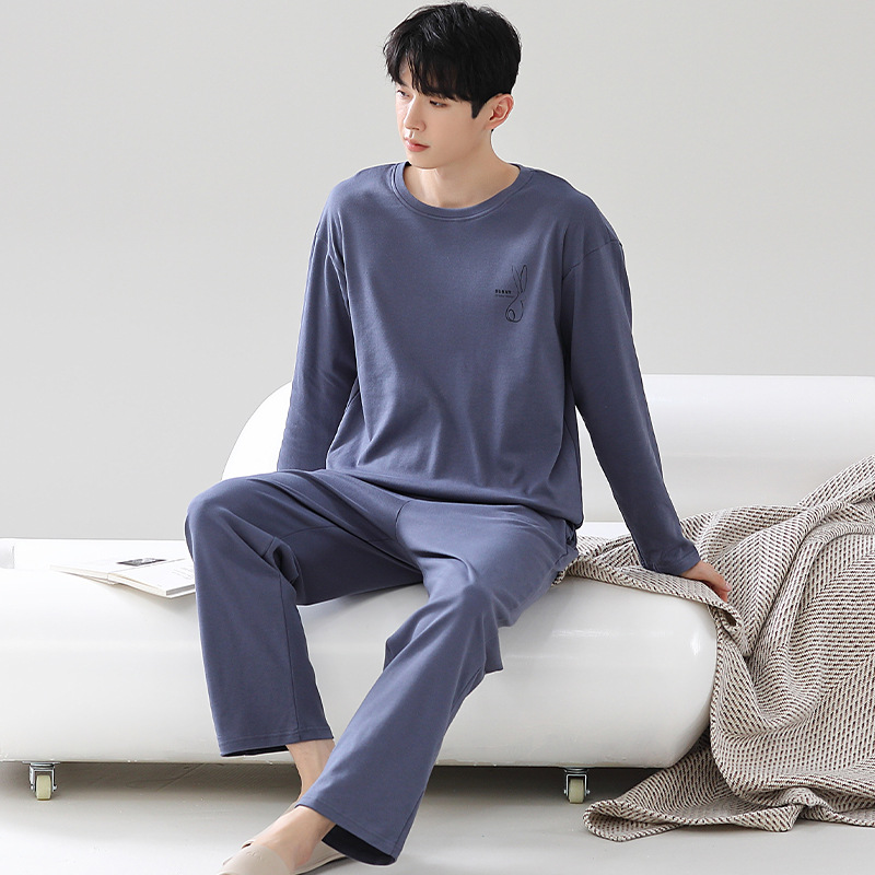 2025 New Pajamas for Men, Spring & Fall Pure Cotton Long-Sleeved Round Neck Pullover, Teenagers Can Wear Home Clothes Set