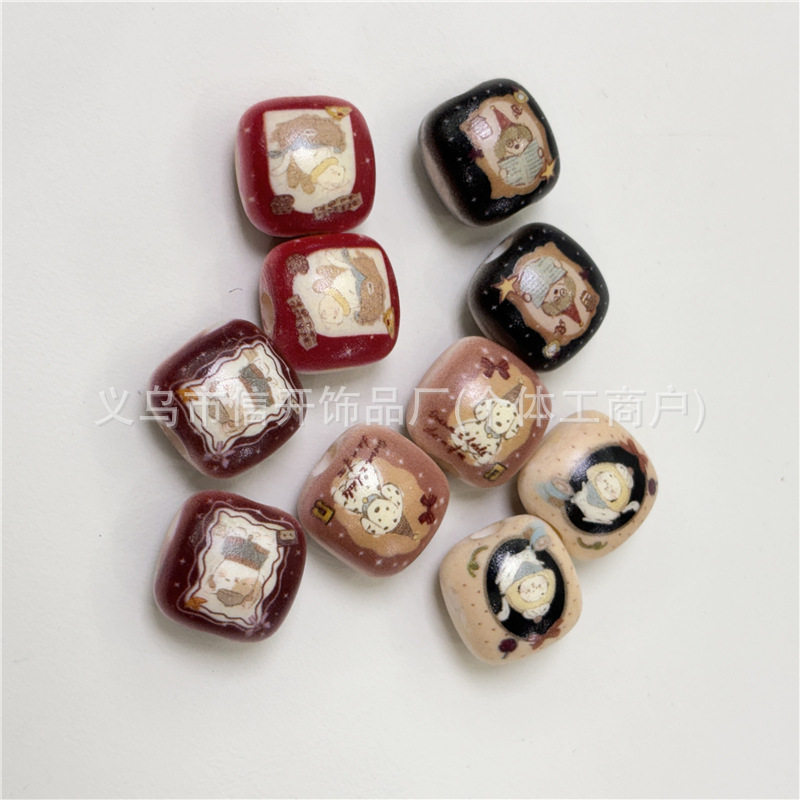 通孔狗狗印花复古小馒头串珠笔配件手机钥匙包链diy手工饰品材料|undefined