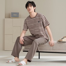 A类抗菌100%纯棉睡衣男款夏季短袖长裤男士大码可外穿全棉家居服