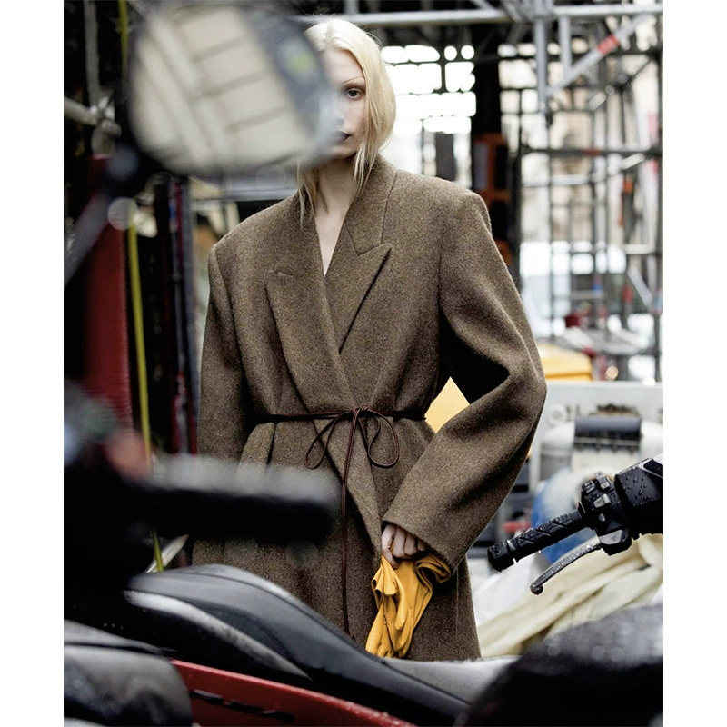 Woolen demi-season classic long minimalistic belt, woolen coat
