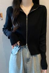 双拉链针织开衫女春秋2025新款毛衣外套宽松显瘦长袖上衣黑色灰色