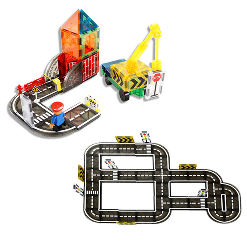Bloques magnéticos de ventana de color transfronterizos 7.5C impresos carreteras de construcción de tráfico urbano piezas magnéticas juguetes de puzzle para niños