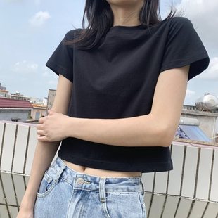 Black Short T-Shirt for Women K-Style Ins High-Waist Slim Cotton Slim Fit Navel-Baring Short-Sleeved Summer Petite Bottoming Shirt Trbottomy