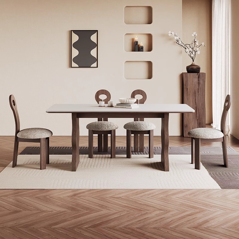 Medieval-style solid wood dining table and chairs 2024 new model living room American French cream system Nordic retro quartzite ash wood