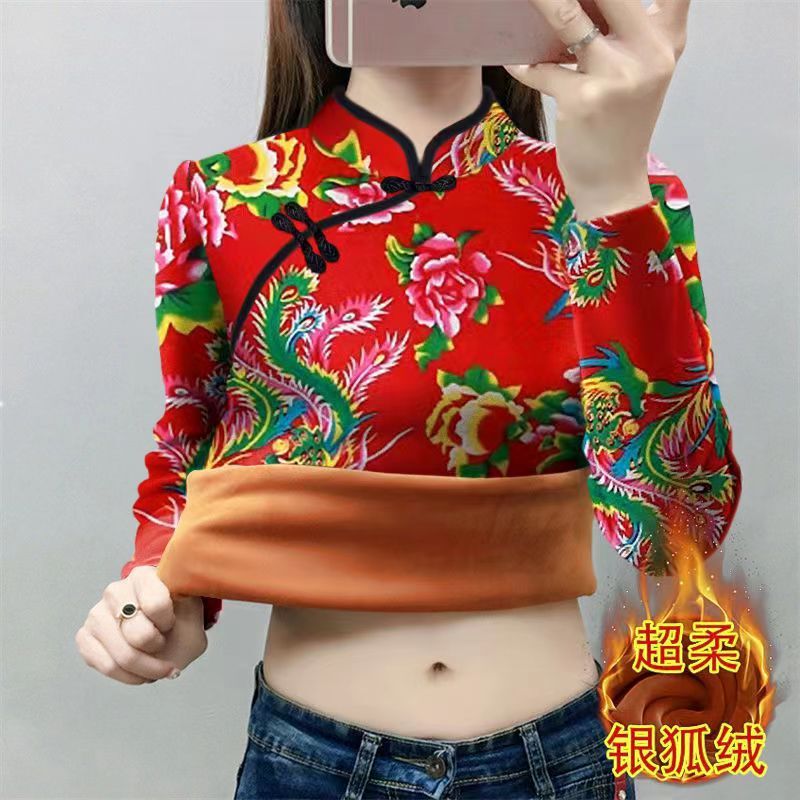 Silver Fox Velvet Fleece-Lined Warm Thickened Base Shirt Plus-Size Women's Autumn and Winter New Long-Sleeve Slimming Top