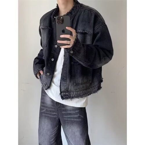 Vintage Flared Collar Washed Padded Shoulder Men's Korean Style Autumn Short Jacket Set Trendy