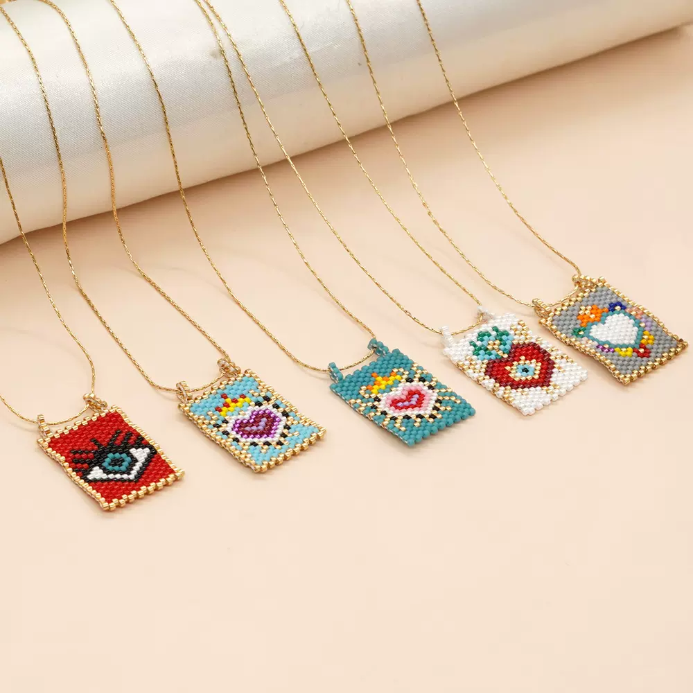 欧美跨境饰品米珠编织金属项链女小众设计彩色小米珠吊坠颈链配饰