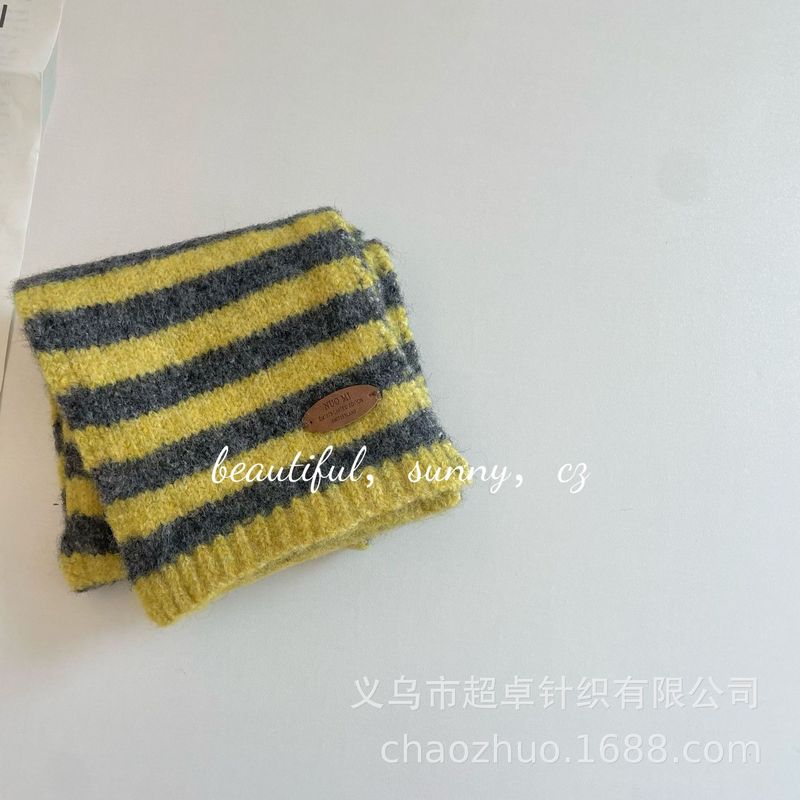 INS韩范文艺范条纹针织皮标儿童围巾复古保暖围脖|undefined