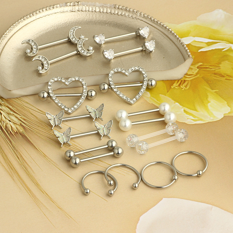 Stainless Steel Zircon Heart Breast Nipple Ring Set - 18K Gold Plated Body Piercing Jewelry for Women Men detail image 7