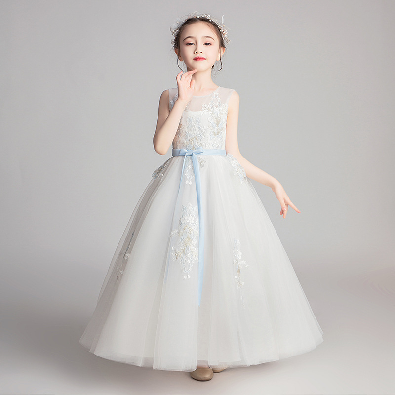 Vestido de princesa formal para niñas pequeñas, traje de actuación con ribetes de encaje, atuendo blanco largo para fiesta de cumpleaños infantil.