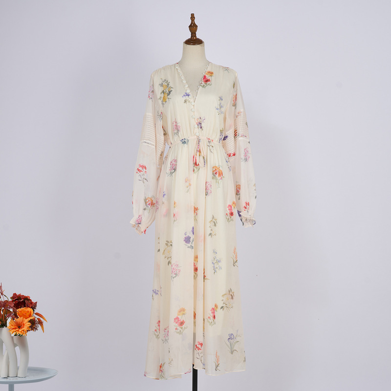 2025 New Real-Shot Ready-Made Lace-Up Long Skirt Pastoral Style Long-Sleeved Waist Princess Skirt Printed Slimming Dress