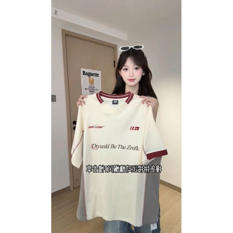 Summer New American Retro Motorcycle-Style Short-Sleeve Women's Thin T-Shirt for Teenagers, Fashionable Color-Blocking Design Summer New American Retro Motorcycle-Style Short-Sleeve Women's Thin T-Shirt for Teenagers, Fashionable Color-Blocking Design