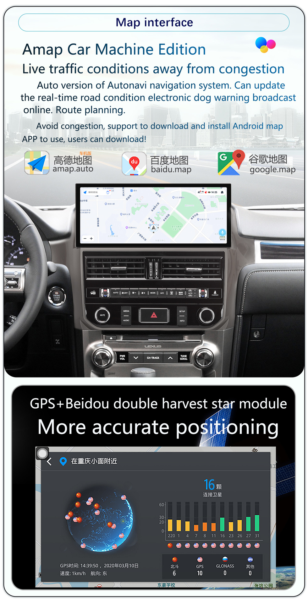 Suitable for 2010-2021 Lexus GX460 central control car 4G Android large screen 360-degree panoramic navigation