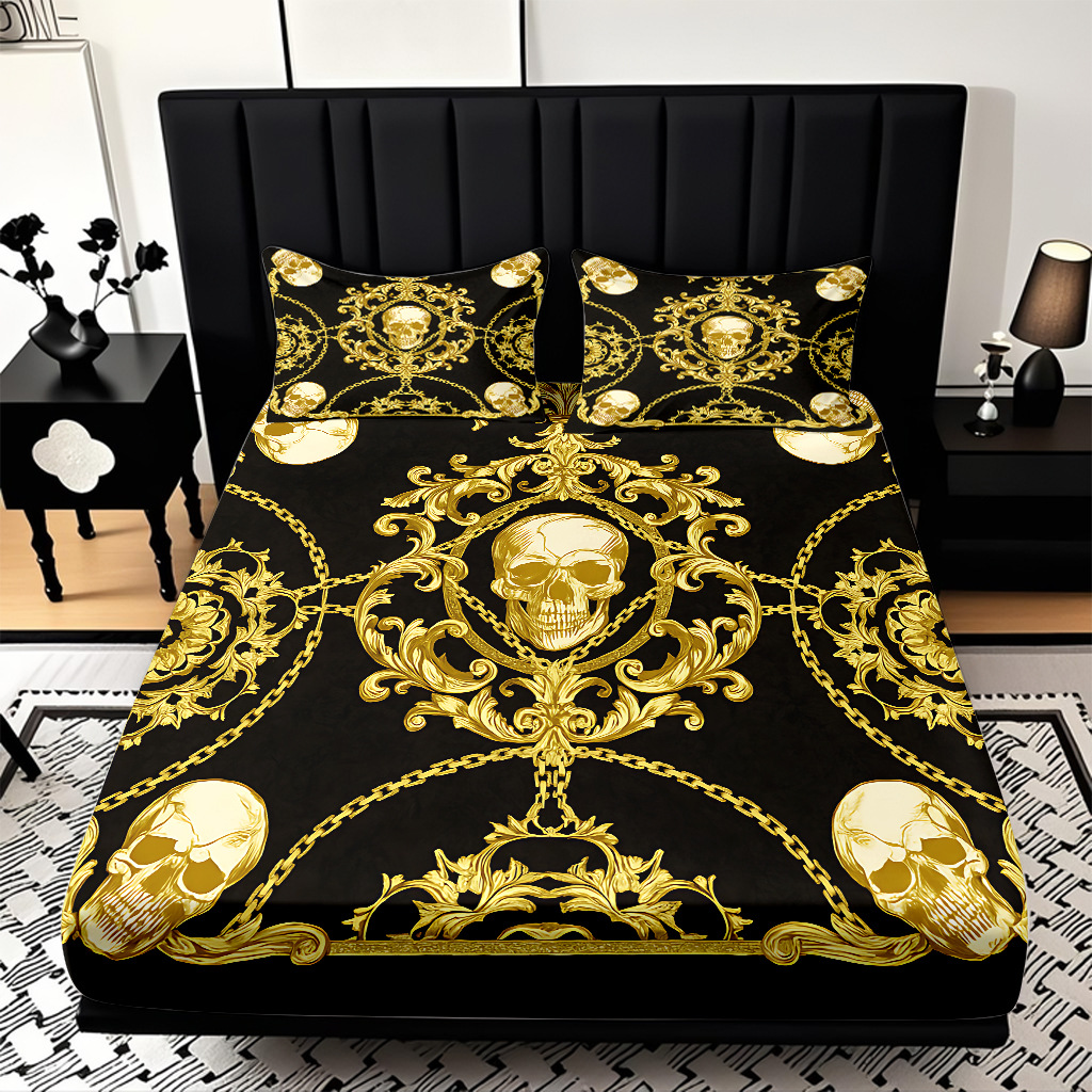 TEMU / JIT abrasión cama Kits cráneo patrón de impresión digital HD ropa de cama para diseñar