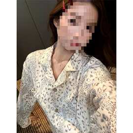 韩系豹纹德绒睡衣套装女秋冬休闲翻领可外穿长袖家居服