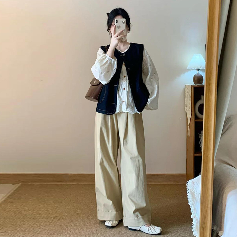 现货韩系大码时尚镂空孕妇衬衫＋牛仔马甲工装阔腿裤孕妇套装女|undefined