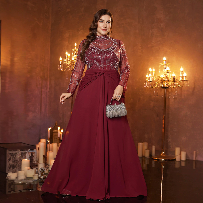 Plus-size women's elegant sequin and beaded high-neck mesh long-sleeve chiffon waist-cinching evening gown dress Plus-size women's elegant sequin and beaded high-neck mesh long-sleeve chiffon waist-cinching evening gown dress