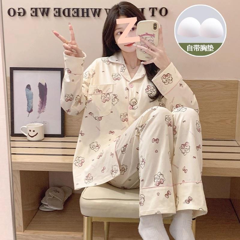 春と秋の女性用パジャマ、胸パッド付き長袖ズボン、膨らみ防止スーツ、冬と夏の女性のかわいい漫画のホーム服|undefined
