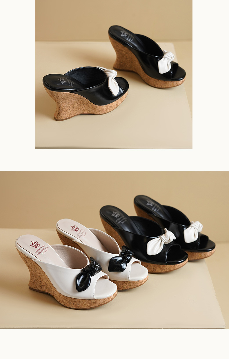 Dép sandal cao gót nữ hở mũi đế xuồng 11cm nơ bướm phong cách Hàn Quốc mùa hè — màu đen, màu trắng ngà chi tiết 6