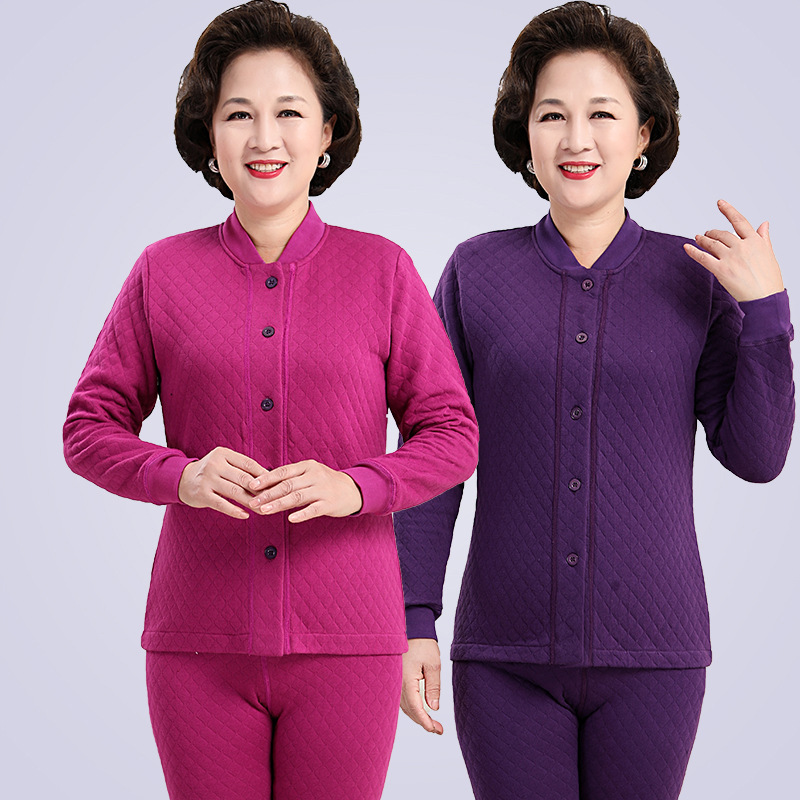 Middle-aged and elderly autumn clothes long pants cardigan elderly thermal underwear suit middle-aged and elderly mothers cotton cotton sweater cardigan