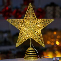 2025 クリスマスツリートップスター アイアンアート発光立体五芒星ツリートップスターゴールドパウダークリスマスツリートップデコレーション