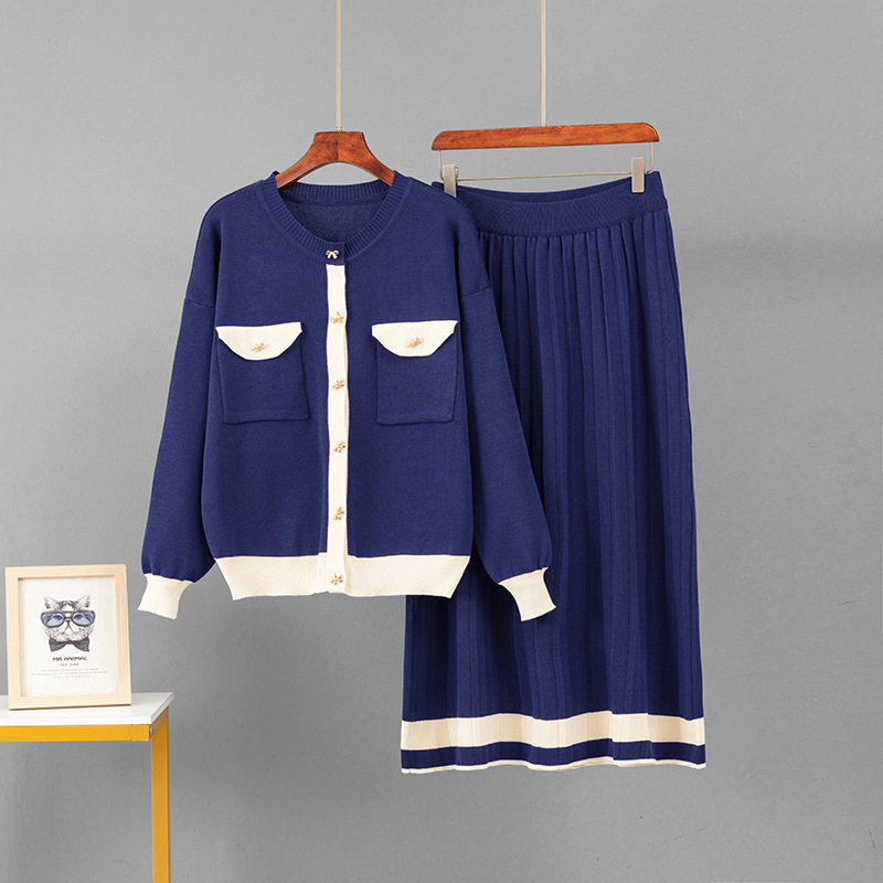 Women's Knitted Two Piece Cardigan And A-line Skirt Set Casual_voghion.com