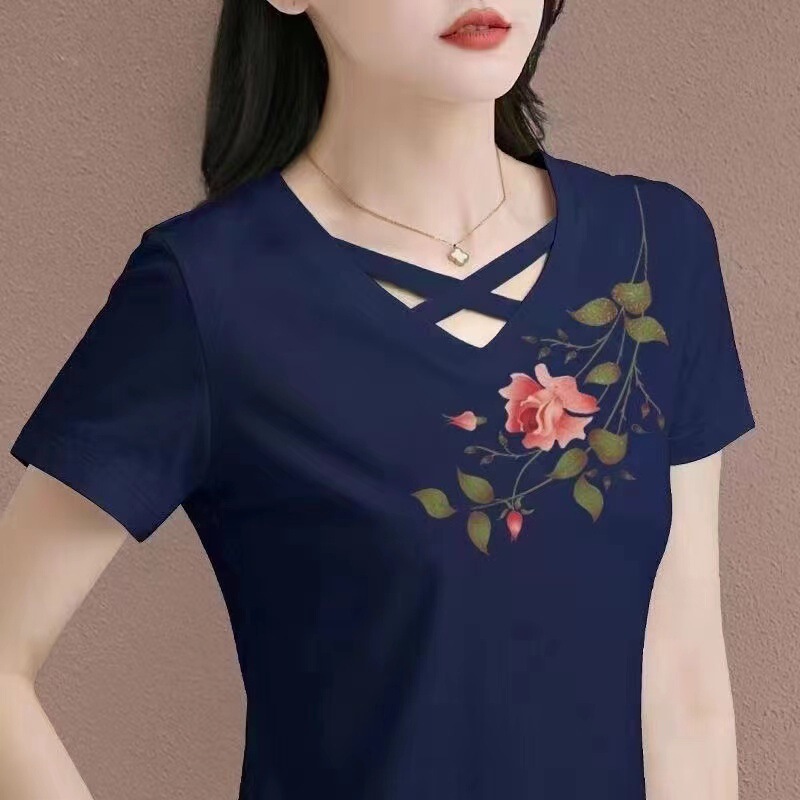 Summer Short-sleeved 2024 Middle-aged Loose Belly Covering Sports New V-neck Cross Women's T-shirt Cotton Top Trendy Summer Short-sleeved 2024 Middle-aged Loose Belly Covering Sports New V-neck Cross Women's T-shirt Cotton Top Trendy