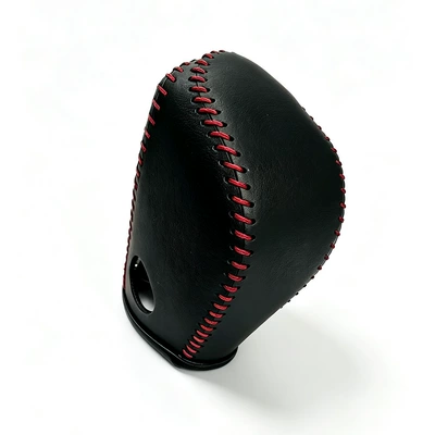 Leather car gear shift knob cover, hand-stitched, for Nissan 2012 New Sylphy, Qida, and Teana models. Also includes a handbrake cover and a gear shift cover (Sürətlər qutusu və əl tormozu başlıqları) - gear-shift-knob-cover-black-leather-with-red-stitching