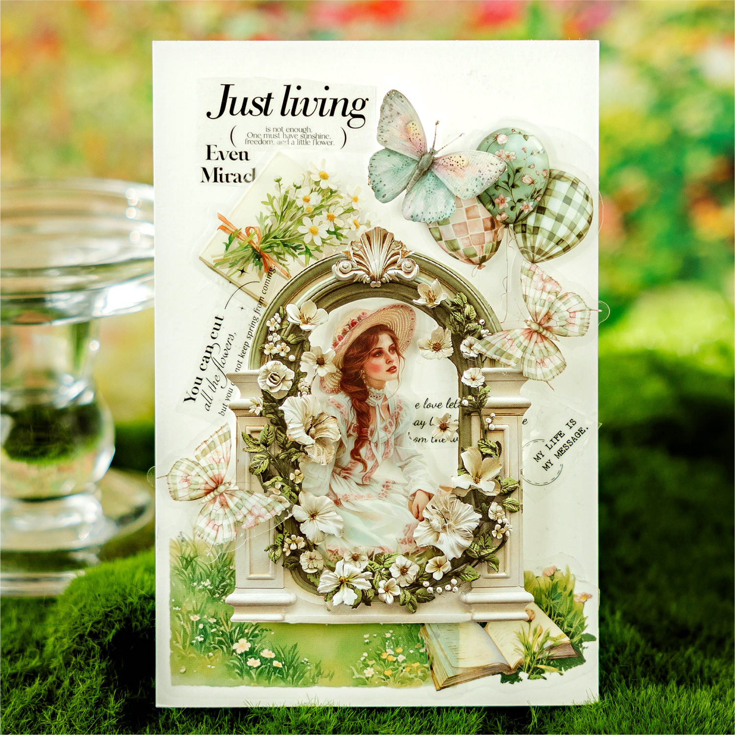 Mo Mo Sheng Impresión de madera en relieve collage tarjeta de flor romántica serie retro agujero pegatinas decorativas de contabilidad