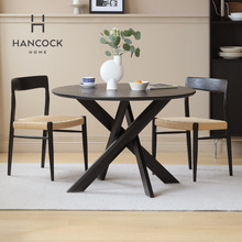 涵客全实木圆桌餐桌家用吃饭桌子中古水曲柳黑色简约小户型饭桌