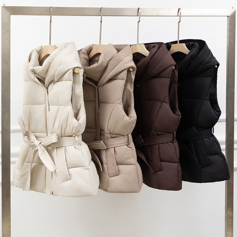 Cotton Vest Women's Short 2025 Autumn and Winter New Korean Style Thickeneded Cotton Vest Slim Hooded Belt Warm Jacket