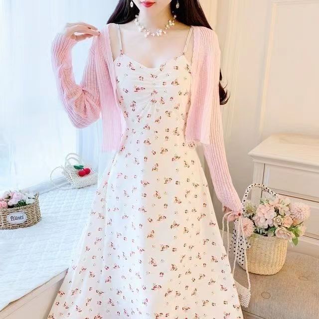 Summer Dress New Long Skirt Floral Tea Break Suspender Dress + Cardigan Lady Two-Piece Set