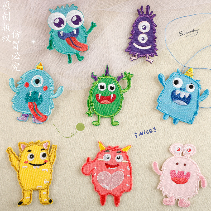 跨境热销自粘款趣味可爱卡通小怪兽刺绣布贴DIY鞋帽服装辅料布贴