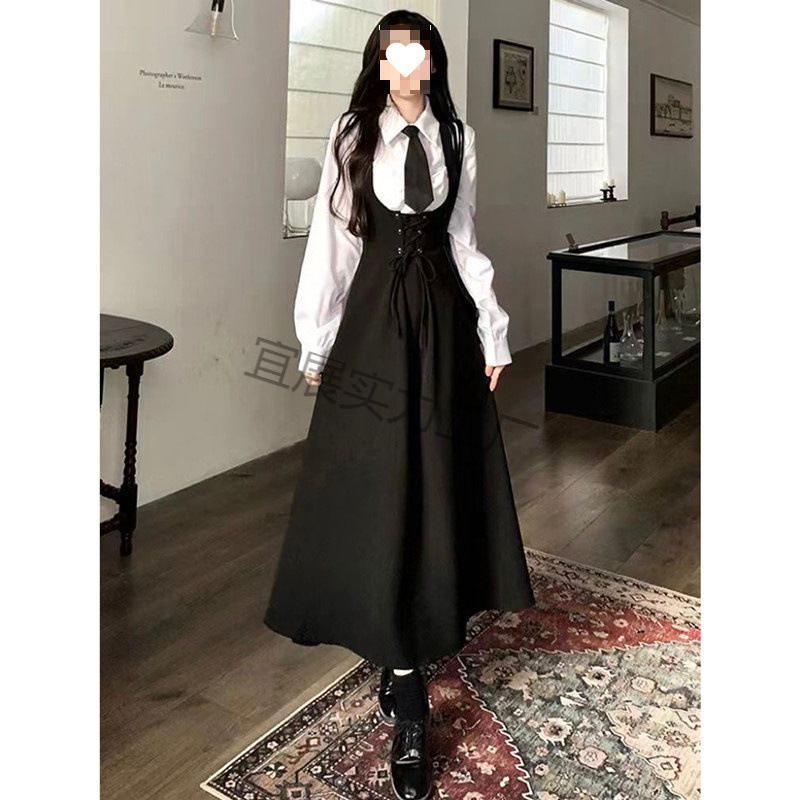 French-Style Hepburn-Inspired Suspender Dress for Women, New Spring and Autumn Versatile Slim-Fit Shirt with Waist-Cinching Two-Piece Set French-Style Hepburn-Inspired Suspender Dress for Women, New Spring and Autumn Versatile Slim-Fit Shirt with Waist-Cinching Two-Piece Set