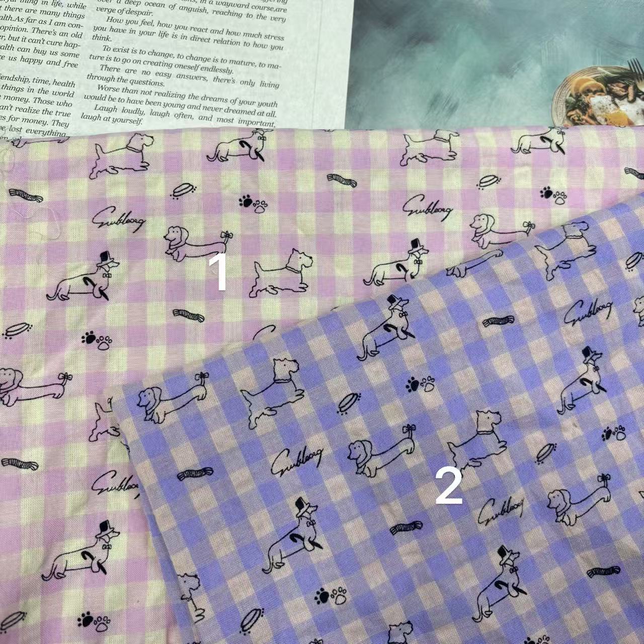 涤棉泡泡朝阳格印花黑小小狗印花格子春夏连衣裙睡衣睡裤童装布料