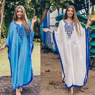 Wholesale cross-border explosions European and American chiffon embroidered beach blouse loose robe dress bikini outer blouse