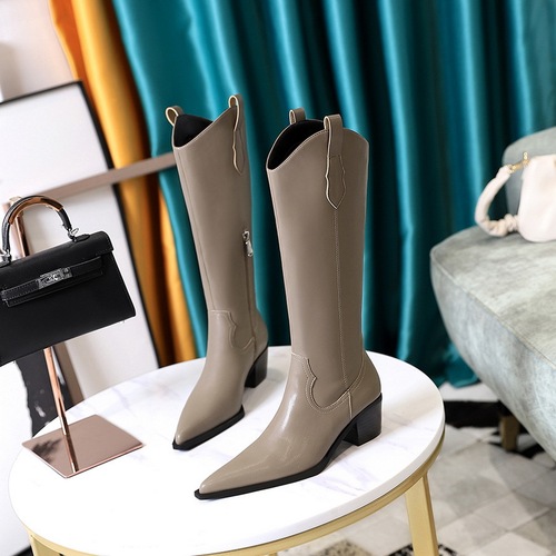 009-6 The new autumn and winter V-mouth boots are below the knee, western cowboy boots, pointy, thin, versatile, thick heeled boots, high boots, female