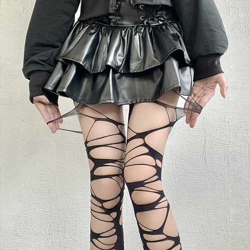 Black stocking fishnet stocking feminine black hot girl subculture white punk style hole bandage Y2 one-piece pantyhose dropshipping