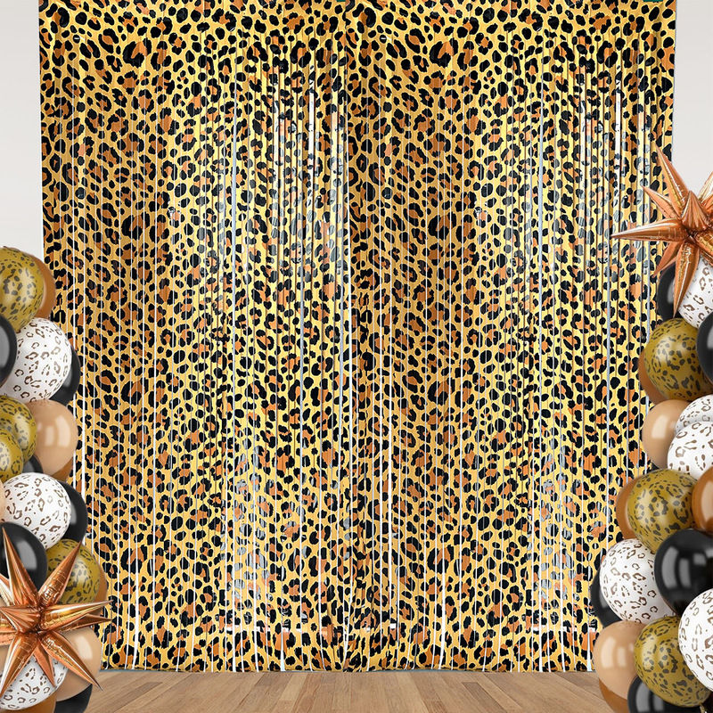 Amazon Wild Theme Party Decoration Rain Curtain 1m*2m Leopard Print Rain Curtain Background Decoration Tassel Curtain