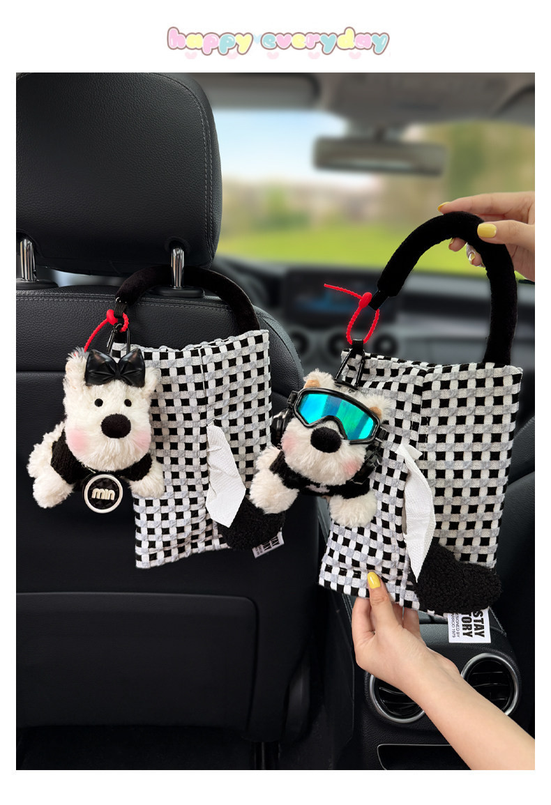 New car tissue box with West Highland puppy design, hanging car tissue holder, high-end interior seat back storage decoration