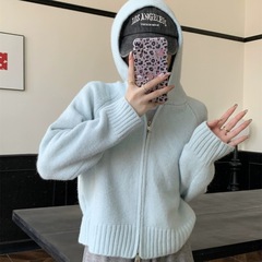 韩系双拉链连帽针织开衫女2025秋冬外搭设计感慵懒温柔风毛衣外套